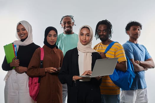 Group of diverse students engages in modern educational practices, utilizing a variety of technological tools such as laptops, tablets, and smartphones against a clean white background, exemplifying the contemporary approach to collaborative learning and information access.