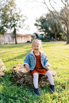 Little girl whimpers sitting on a stump on a green lawn. High quality photo