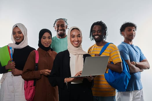 Group of diverse students engages in modern educational practices, utilizing a variety of technological tools such as laptops, tablets, and smartphones against a clean white background, exemplifying the contemporary approach to collaborative learning and information access.