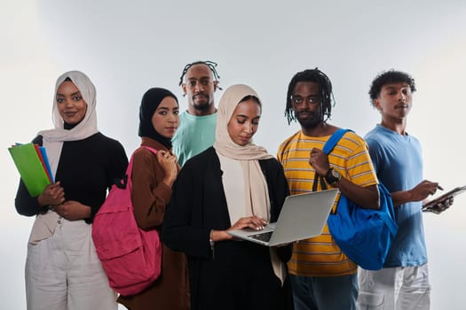 Group of diverse students engages in modern educational practices, utilizing a variety of technological tools such as laptops, tablets, and smartphones against a clean white background, exemplifying the contemporary approach to collaborative learning and information access.