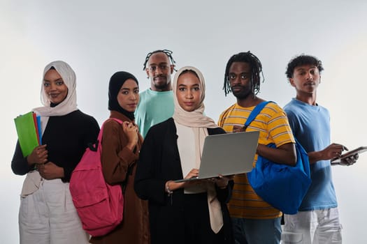 Group of diverse students engages in modern educational practices, utilizing a variety of technological tools such as laptops, tablets, and smartphones against a clean white background, exemplifying the contemporary approach to collaborative learning and information access.