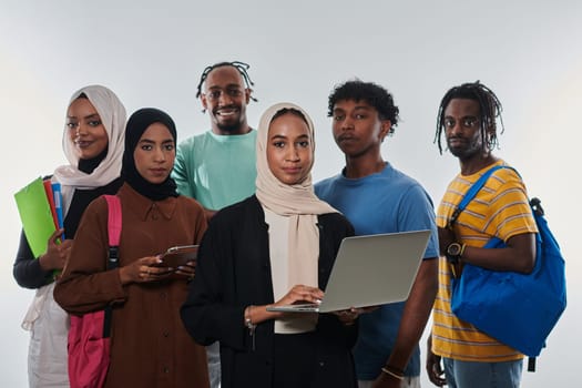 Group of diverse students engages in modern educational practices, utilizing a variety of technological tools such as laptops, tablets, and smartphones against a clean white background, exemplifying the contemporary approach to collaborative learning and information access.