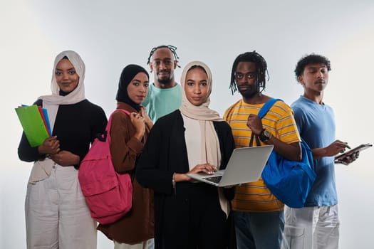 Group of diverse students engages in modern educational practices, utilizing a variety of technological tools such as laptops, tablets, and smartphones against a clean white background, exemplifying the contemporary approach to collaborative learning and information access.