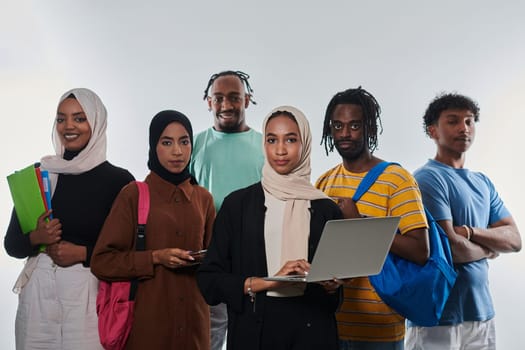 Group of diverse students engages in modern educational practices, utilizing a variety of technological tools such as laptops, tablets, and smartphones against a clean white background, exemplifying the contemporary approach to collaborative learning and information access.