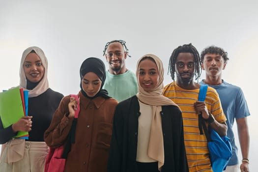 In a vibrant display of educational diversity, a group of students strikes a pose against a clean white background, holding backpacks, laptops, and tablets, symbolizing a blend of modern technology, unity, and cultural inclusivity in their academic journey.