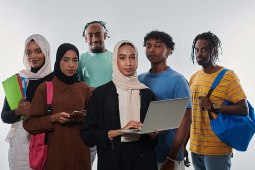 Group of diverse students engages in modern educational practices, utilizing a variety of technological tools such as laptops, tablets, and smartphones against a clean white background, exemplifying the contemporary approach to collaborative learning and information access.