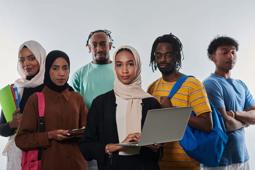 Group of diverse students engages in modern educational practices, utilizing a variety of technological tools such as laptops, tablets, and smartphones against a clean white background, exemplifying the contemporary approach to collaborative learning and information access.