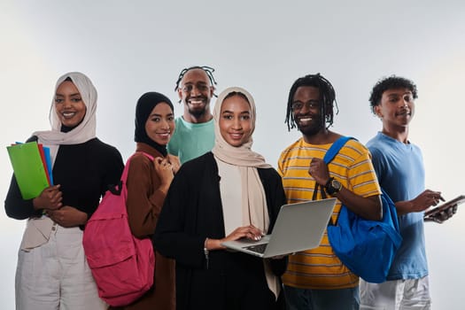 Group of diverse students engages in modern educational practices, utilizing a variety of technological tools such as laptops, tablets, and smartphones against a clean white background, exemplifying the contemporary approach to collaborative learning and information access.