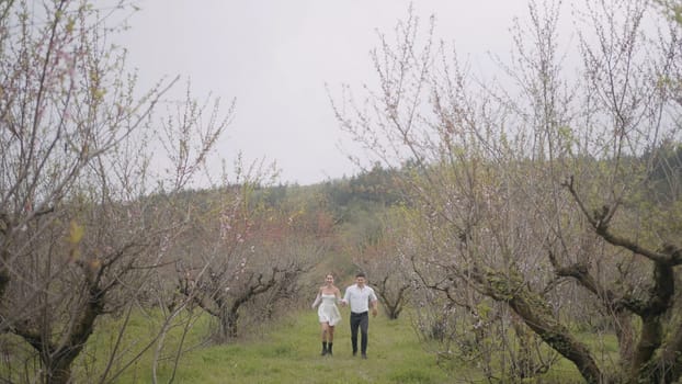 Beautiful couple runs through spring garden. Action. Young couple runs along natural avenue of trees in spring. Couple runs on green grass among spring trees in cloudy weather.