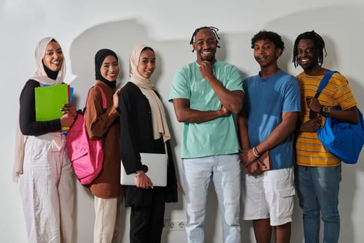 In a vibrant display of educational diversity, a group of students strikes a pose against a clean white background, holding backpacks, laptops, and tablets, symbolizing a blend of modern technology, unity, and cultural inclusivity in their academic journey.