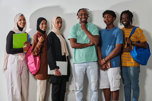 In a vibrant display of educational diversity, a group of students strikes a pose against a clean white background, holding backpacks, laptops, and tablets, symbolizing a blend of modern technology, unity, and cultural inclusivity in their academic journey.