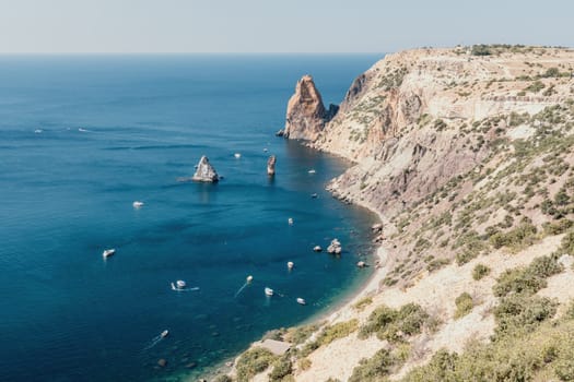 Aerial panoramic view of beautiful sunset above sea. Beautiful seascape. Sun glare, small waves on the water surface. Evening. Horizon. Nobody. No people. Copy space. Never-ending beauty of nature