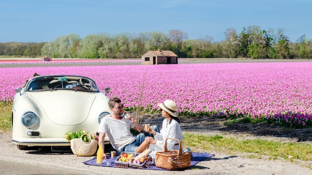 couple on a roadtrip in the Netherlands with an old vintage car, men, and woman having a picnic with on the background a pink flower field during spring