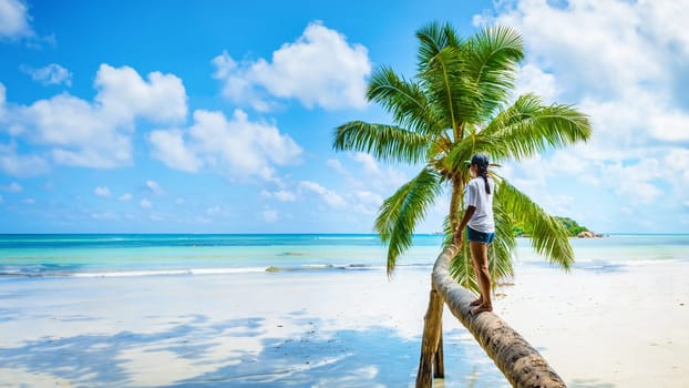 Young woman at a palm tree on a white tropical beach with turquoise colored ocean Anse Volbert beach Praslin Tropical Seychelles Islands. Cote D'or beach Praslin Seychelles