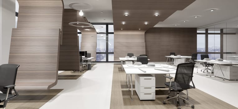 3D interior of bright open office interior space. Render of concept design