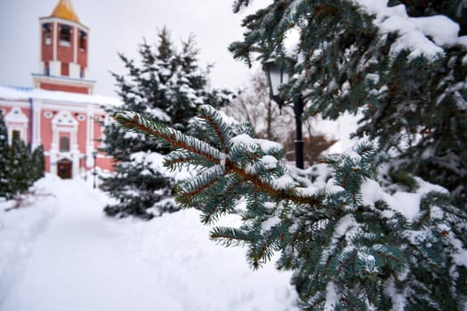 Fir branches covered with snow against the backdrop of an Orthodox church