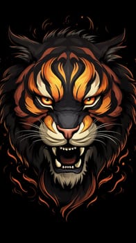 head of an angry tiger on a black background, cartoon style. Vertical