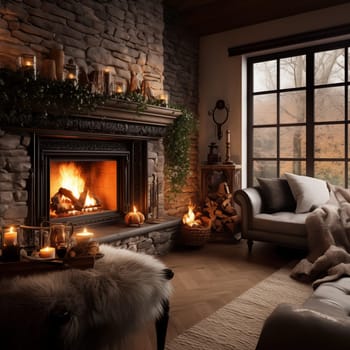 Inviting living space with fireplace and cozy atmosphere for ultimate comfort. There is a large window in the room, and it is winter outside. Illustration for cover, interior design. AI generative.