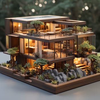 A realistic wooden modern tiny house with flat roof and big windows all around in a small size. Model of a small modern ecological house with furniture