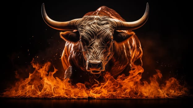 Front view of Big black burning bull galloping on fire, on a black background.