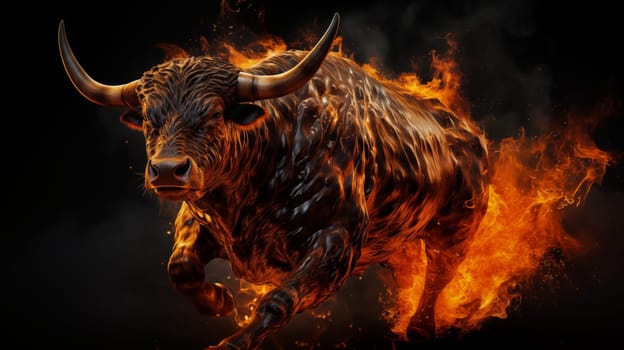 Big black burning bull galloping on fire, on a black background, side view.