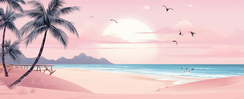 Summer sea sunset landscape flat art illustration, retro vintage poster, cartoon colorful flat illustration. High quality photo