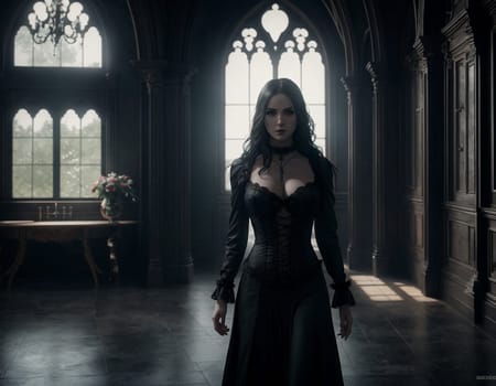 Gothic gloomy interior. A woman in a black dress standing in a dark room, gothic art, gothic, dark and mysterious