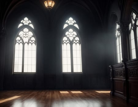 Neo-Gothic interior. Spacious, bright corridors. High quality illustration