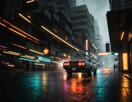 A car driving down a city street at night, photorealism, cinematic, outrun