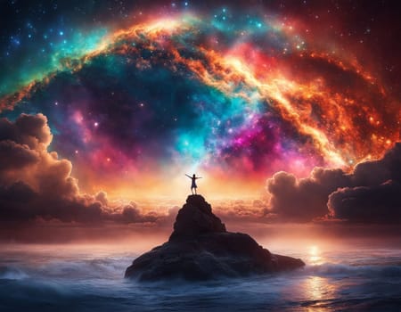 A person standing on top of a rock in the ocean. fantasy art, sense of awe, mystical, vivid colors
