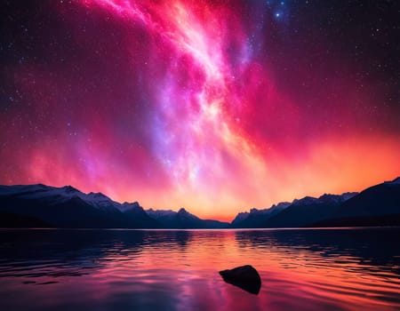 Colorful landscape and red northern lights on the starry sky. High quality illustration