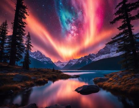 Colorful landscape and red northern lights on the starry sky. High quality illustration