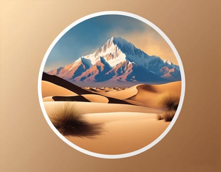 Beautiful desert travel icon with snowy mountains background. High quality illustration