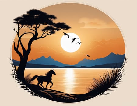 A picture of a sunset with a horse in the foreground. High quality illustration