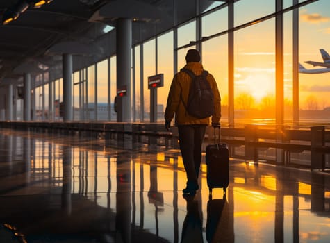 Silhouette of some tourists walking inside an airport terminal during a stunning sunset. Travel concept during the Covid-19 pandemic. High quality photo
