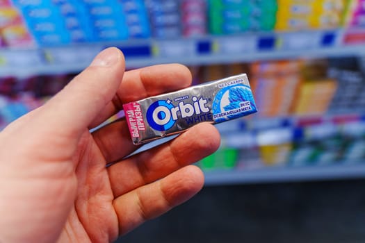 Tyumen, Russia-November 25, 2023: Orbit Peppermint chewing gum. Wrigley Company is founded in USA in 1891