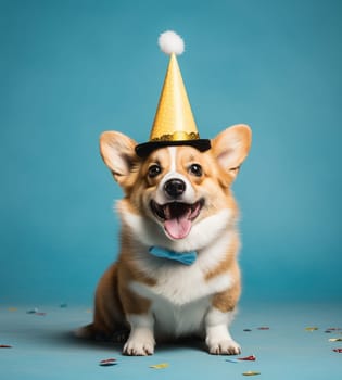 Mixed breed dog with a party hat. Studio shooting. High quality photo