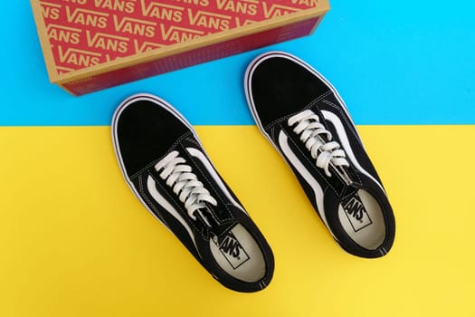 Tyumen, Russia-August 03, 2023: Brand new black and white Vans Old School shoes. Vans is an manufacturer of skateboarding shoes.