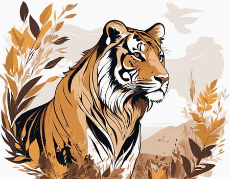 A picture of a tiger in the grass, dynamic composition, outlined art