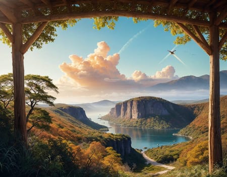 A painting of a scenic view of a lake and mountains. High quality illustration