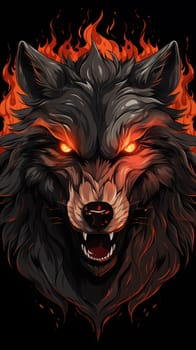 Head of an evil burning wolf, with open mouth, and burning eyes, front view. Vertical