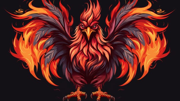 Angry burning rooster stands on a black background, with his wings spread,cartoon style.