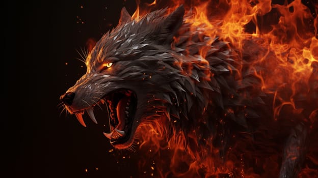 Head of an evil wolf, with open mouth, on fire, on black background, side view.