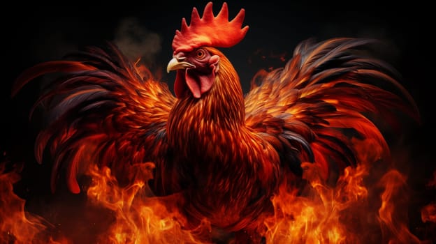 A red rooster stands on a fiery background, with his wings spread, on a black background.