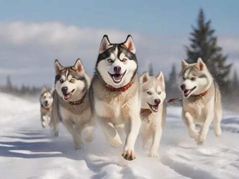 A team of husky sled dogs runs along a snowy wild road. Sleigh ride with a husky through the winter countryside. Husky dogs in a team in a winter landscape