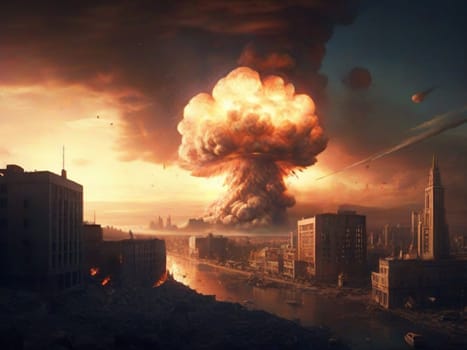 A terrible explosion of a nuclear bomb with a mushroom in a large city. Hydrogen bomb test. Nuclear disaster.