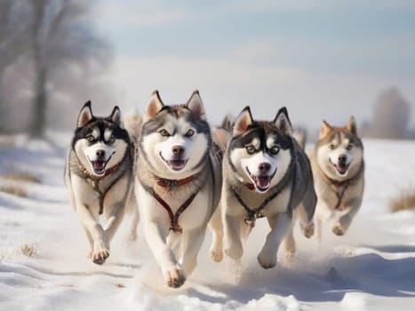 A team of husky sled dogs runs along a snowy wild road. Sleigh ride with a husky through the winter countryside. Husky dogs in a team in a winter landscape