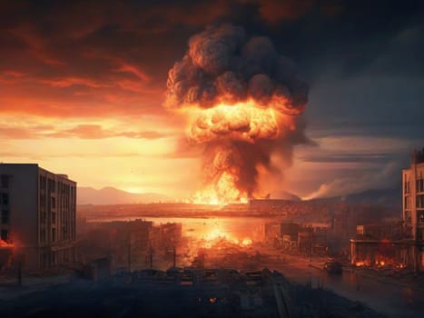 A terrible explosion of a nuclear bomb with a mushroom in a large city. Hydrogen bomb test. Nuclear disaster.