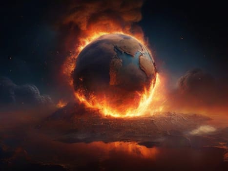 A terrible explosion of a nuclear bomb engulfed planet Earth in flames. Nuclear disaster.