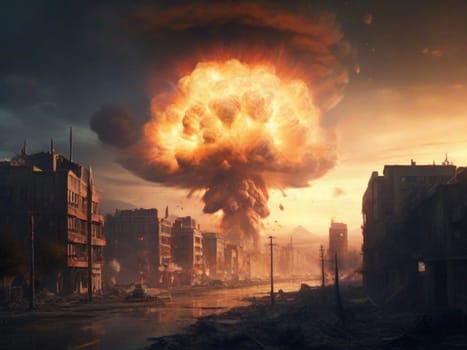 A terrible explosion of a nuclear bomb with a mushroom in a large city. Hydrogen bomb test. Nuclear disaster.
